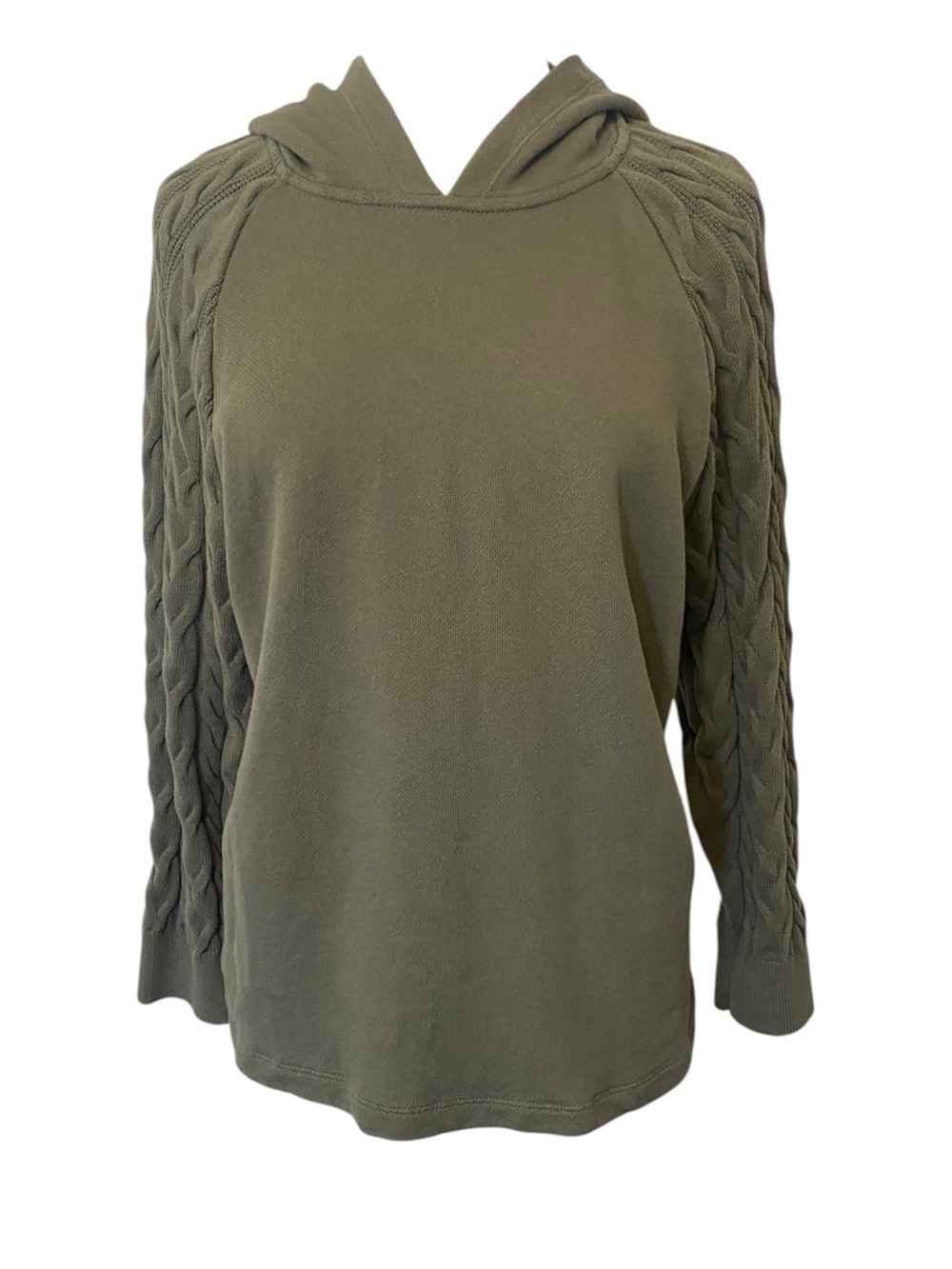 J. Jill Olive Green French Terry Cable Knit Hooded Pullover Sweater Large